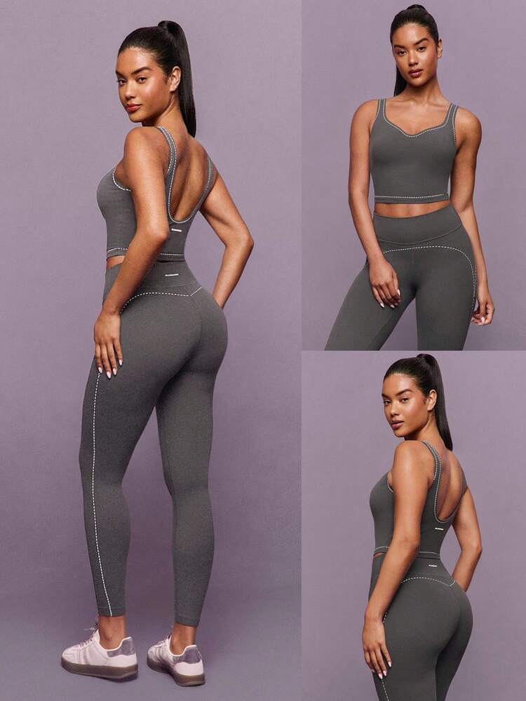 FeatherFit™ Sweet Glow Soft Stretchy Sweat-Wicking Contrasting Dotted Line Removable Cups Sweetheart Neck Active Tank Top Low-Impact Yoga Pilates Studio Gym Daily Active  Spring Summer