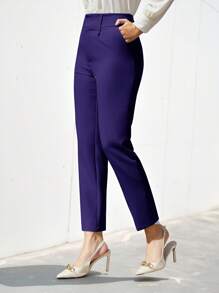 EURMUSE Women's Solid Color Simple Daily Suit Pants  - Navy Blue - View 3