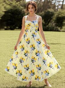 ÉTHER D'OR 女式撞色蕾丝花卉印花优雅长款吊带裙 - Butter Yellow - 查看 7