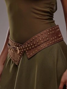 MUSERA Embellished Studded PU Belt Edgy Fun For Festival - Coffee Brown - View 2