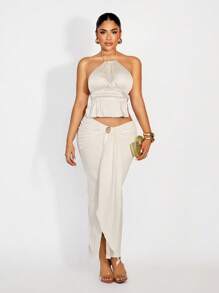 SHEIN Unity Retro Chic  Women's Apricot Textured Fabric A-Line Skirt - Apricot - View 1