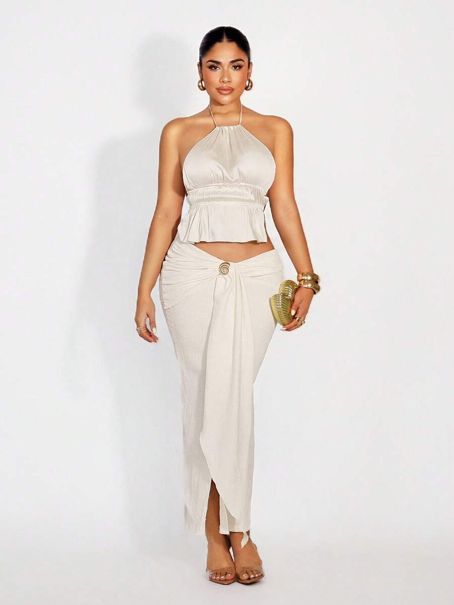 SHEIN Unity Retro Chic  Women's Apricot Textured Fabric A-Line Skirt - Apricot - View 1