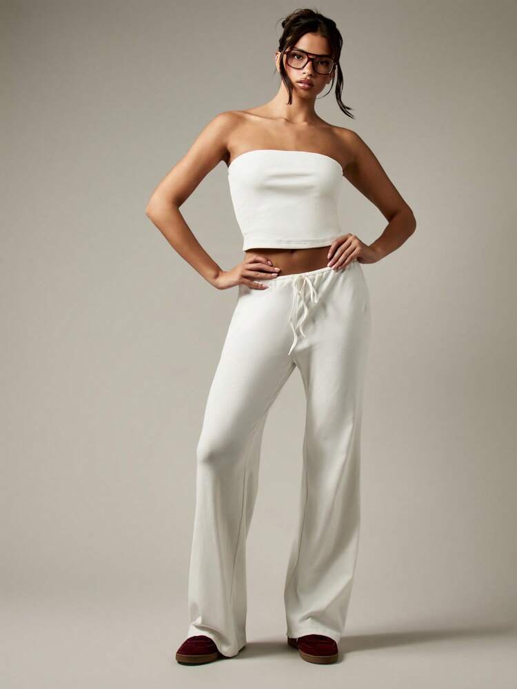 MISSGUIDED Conjunto de Loungewear sem Alças Canelado, Calça Palazzo de Cintura Elástica Macia, Roupa Casual Doméstica, Conforto, Lazer, Viagem, Resort, Férias, Verão, Primavera