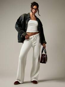 MISSGUIDED 无肩带罗纹休闲套装两件套柔软松紧腰阔腿裤休闲家居服舒适休闲旅行度假夏春装 - 白色 - 查看 5