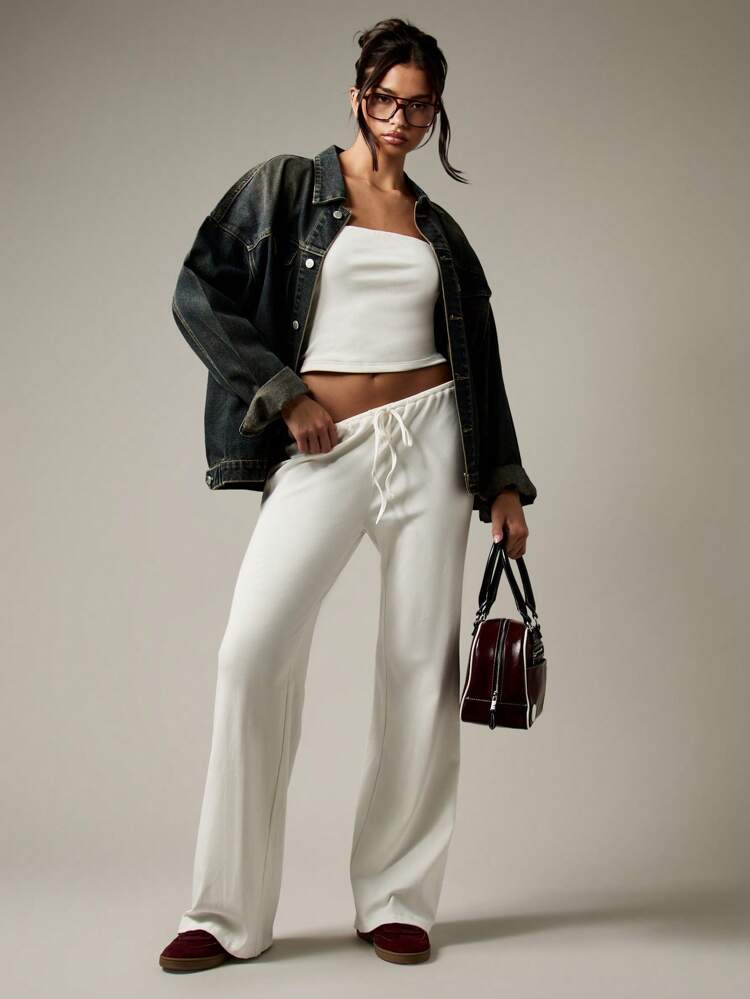 MISSGUIDED Conjunto de Loungewear sem Alças Canelado, Calça Palazzo de Cintura Elástica Macia, Roupa Casual Doméstica, Conforto, Lazer, Viagem, Resort, Férias, Verão, Primavera
