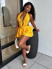 Alexandranx Bộ 2 món áo yếm hở lưng cổ chữ V khoét sâu và chân váy mini cho nữ, họa tiết dệt kim, thích hợp cho ngày lễ, hẹn hò, trà chiều, kỳ nghỉ, lễ hội âm nhạc, phong cách Bohemian, xuân/hè - Màu vàng - Xem 5