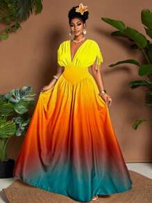 Breezaya Đầm maxi chữ A thắt nơ cổ chữ V họa tiết ombre lãng mạn thanh lịch dành cho nữ, thiết kế đa năng cho các buổi đi chơi, bãi biển, lễ hội âm nhạc, trang phục dự tiệc cưới tốt nghiệp cho khách mời, phong cách công sở thường ngày Boho, thắt nơ eo đàn hồi, du lịch nghỉ dưỡng, váy maxi chữ A mùa xuân/hè/thu - Nhiều màu - Xem 6