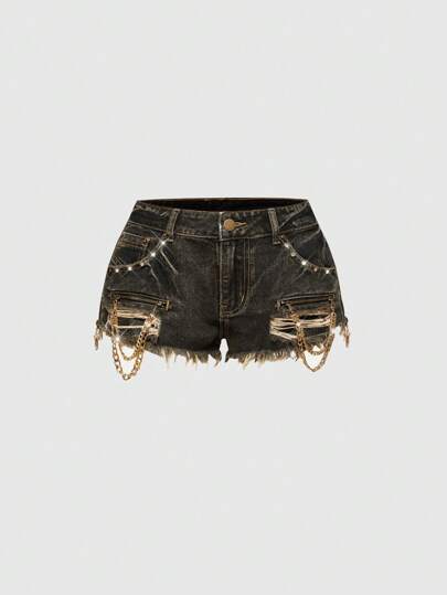 J-Fashion Y2K Gyaru Setagaya Distressed Ripped Chain Detail Vintage Ultra-Low Waist Fitted Women Denim Shorts