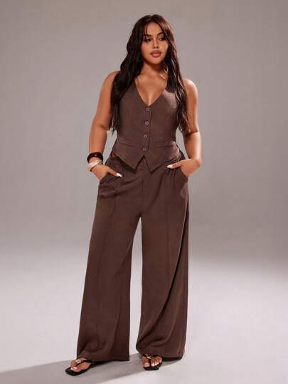 Rustia 2 piezas Conjunto de traje vintage francés con cuello en V romántico para mujer de talla grande, incluye chaleco ajustado y pantalones de pierna ancha con cintura elástica alta, adecuado para uso diario, temporada de regreso a clases, fiesta de regreso a clases