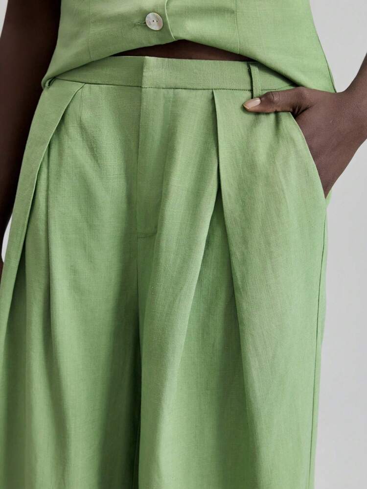 Women's Sage Green Summer Effortless Chic Brunch Outfit,Linen Sleeveless Jacket & Pants Suit,2000s Retro Style Business Casual For Office Lady