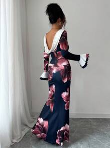 Elenzga Elegant Romantic Ruffle Hem Round Neck Waist Fitted Floral Print Fabric Women Dress With Long Sleeves Fall Cloth For Women - Multicolor - View 2