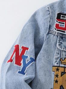 Coolqubz Tween Boy Casual Comfortable Vacation Fashion Street Cute Graffiti Embroidery Non-Stretch Long Sleeve Slim Fit Denim Jacket, Spring/Summer/Autumn. Fashionable Comfortable Daily Versatile Denim Jacket Fall Winter,Unisex - Light Wash - View 7