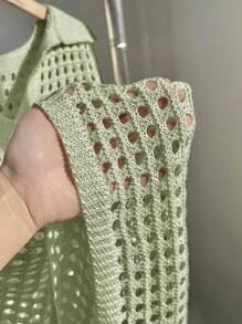 Comfortcana 大码休闲纯色镂空领短袖毛衣