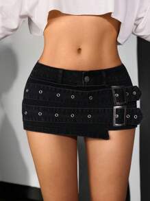 Jeanoix 女式可调节扣式超低腰牛仔迷你短裙 - 黑色 - 查看 6