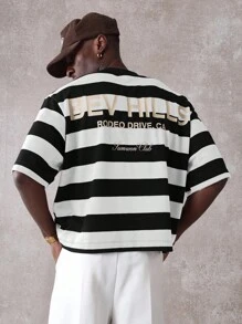 SUMWON Áo thun kẻ sọc cỡ lớn Summer Club có logo Beverly Hills Rodeo Drive, phong cách đường phố thường ngày - Đen và trắng - Xem 3