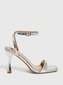 CUCCOO SZL 女士时尚银色简约踝带高跟方头凉鞋，适合通勤、约会和派对 - 銀色 - 查看 4