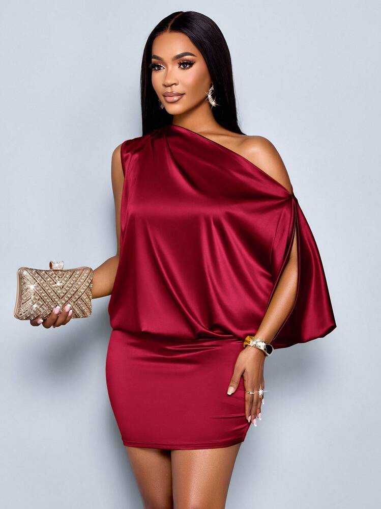 SOLERSUN Đầm ôm body mini bằng vải satin cổ bất đối xứng thanh lịch dành cho nữ - Màu Đỏ Sâu - Xem 3