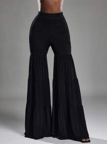 NYA SZN Pantalon taille haute à volants, jambe ajustée, moulant, pour vacances, plage, festival bohème, concert, en tricot extensible, sexy, froncé, élastique, pour club, usage quotidien, décontracté, rentrée scolaire, tenues noires pour femmes - Noir - Voir 3