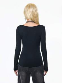 StreetHx Women's Gothic Vintage Rhinestone Embellished Long Sleeve T-Shirt,Punk Style V-Neck Fitted Tee,Black And Silver,Autumn,Goth,Rock Concert Retro Clothes - Black - View 4