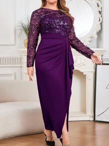 Modelyn Vestido elegante de manga larga con cuello redondo, de talla grande, con parches florales, lentejuelas y volantes de malla - Morado - Ver 6