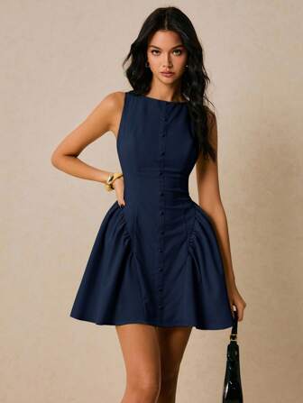 Poéselle 女式纯色纽扣设计荷叶边下摆无袖迷你连衣裙