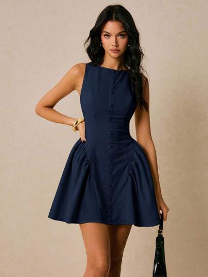 Poéselle Women's Solid Color Button Design Ruffle Hem Sleeveless Mini Dress,Work Dresses