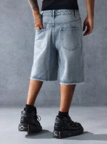 ROMWE MEN Street Life Pantaloni Capri din denim pentru bărbați, cu croială lejeră, cu buzunare în relief, stil uzat - Albastru - Vizualizare 3