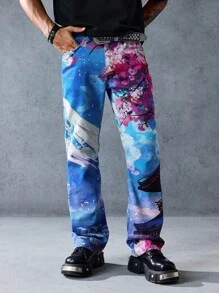 ROMWE MEN Anime Herren Jeans mit Blume Muster und Tasche - Verschiedenfarbig - Übersicht 4