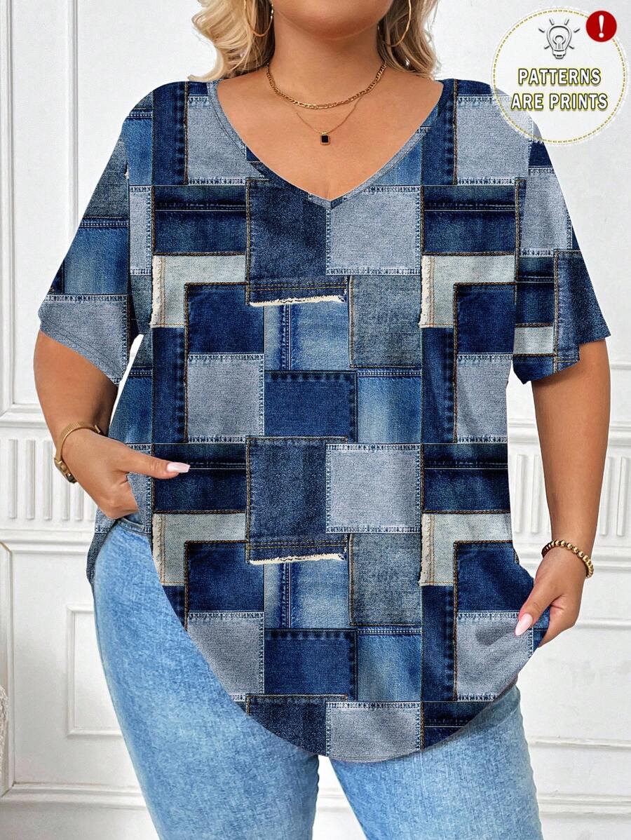 SHEIN CURVE+ Casual Minimalist Allover Print Plus Size T-Shirt Suitable For Going Out