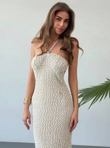 Aloruh Váy thun chấm bi buộc lưng không dây sequin phong cách cổ điển mới, trang phục mặc đi nghỉ dưỡng - Màu Khaki - Xem 4
