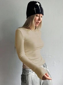 DAZY Solid Boat Neck Thermal Tee Long Sleeve Women Tops,Thermal Lined - Khaki - View 4