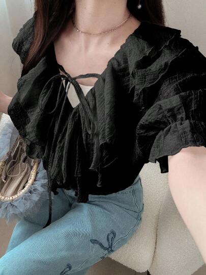 FRIFUL 女式荷叶边拼接交叉领带宽松七分袖衬衫，甜美风格，适合春夏季