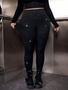 SHEIN EZwear Plus Size Women High Waist Shiny Sequin Elastic Skinny Leggings Sparkly Pants Glitter Pants Sequin Party Clothes - Black - View 3