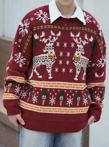DAZY 秋季男士休闲鹿纹落肩长袖针织毛衣，圣诞节 - 彩色 - 查看 6