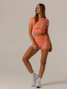 Aralina 休闲运动服套装，撞色可爱夏季上衣和自行车短裤组合，非常适合夏季度假装或机场装 - 珊瑚橙 - 查看 4