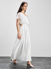 Lumivelle Women's Patchwork Ruffle Hem Embroidered Shoulder Fashion Dress All White Summer Dress Clothes For University - White - View 1
