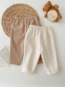 SHEIN 2件套女婴灯芯绒纯色保暖内衬松紧腰裤，秋冬