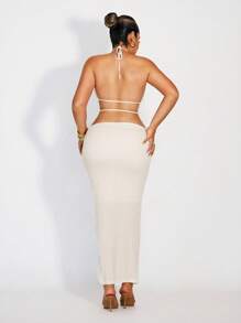 SHEIN Unity Retro Chic  Women's Apricot Textured Fabric A-Line Skirt - Apricot - View 2