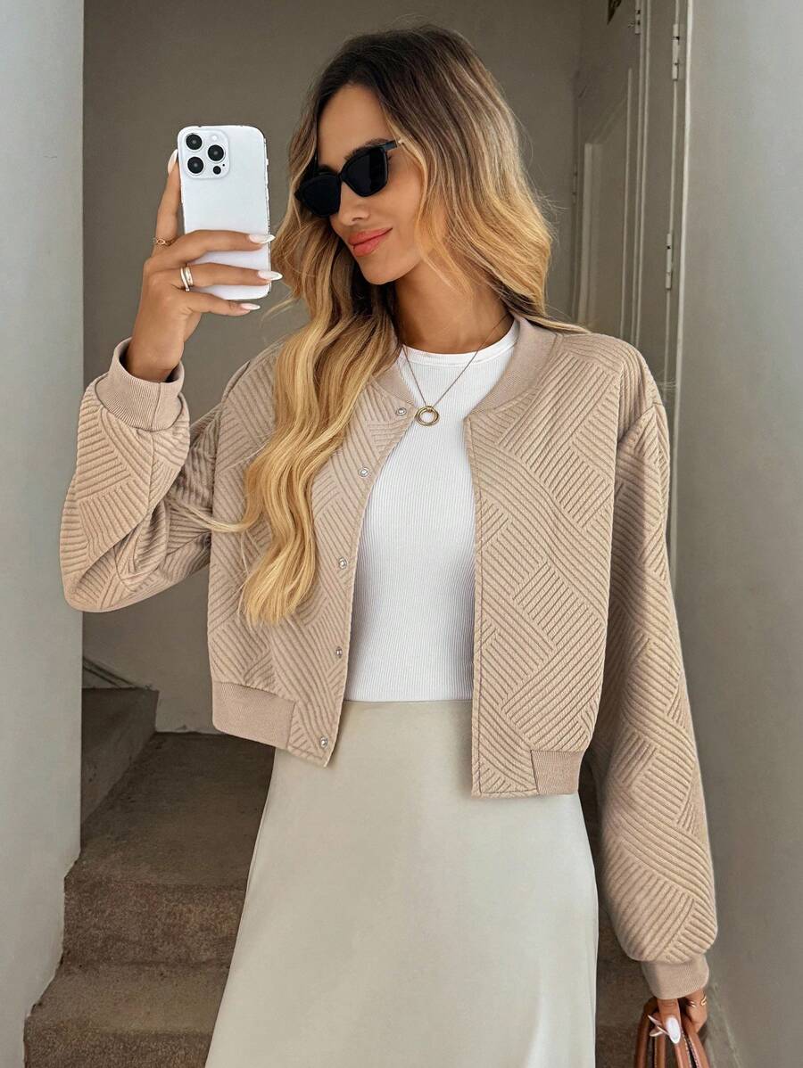 Easowa 休闲米色短款女士夹克，秋冬短款夹克短款上衣夹克米色夹克纹理夹克米色夹克女士女士米色短款夹克 - 米色 - 查看 1