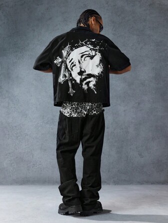 Street Life Men's Casual Cross And Portrait Pattern Short Sleeve Denim Shirt For Summer