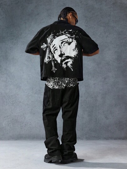 Goth Men's Casual Cross And Portrait Pattern Short Sleeve Denim Shirt For Summer