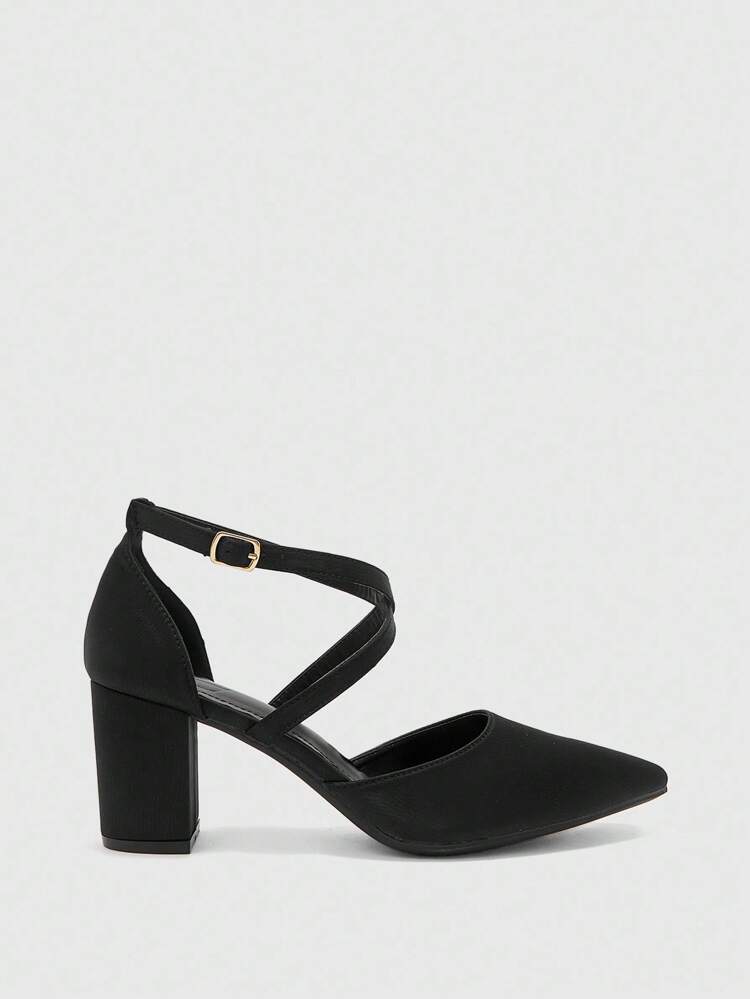 CUCCOO BIZCHIC Women's Classic Pointed Toe Chunky Heel Black High Heel Pumps, Hollow Criss-Cross Strap Comfortable Versatile Dress Shoes For Daily Commute For Christmas Spring Shoes