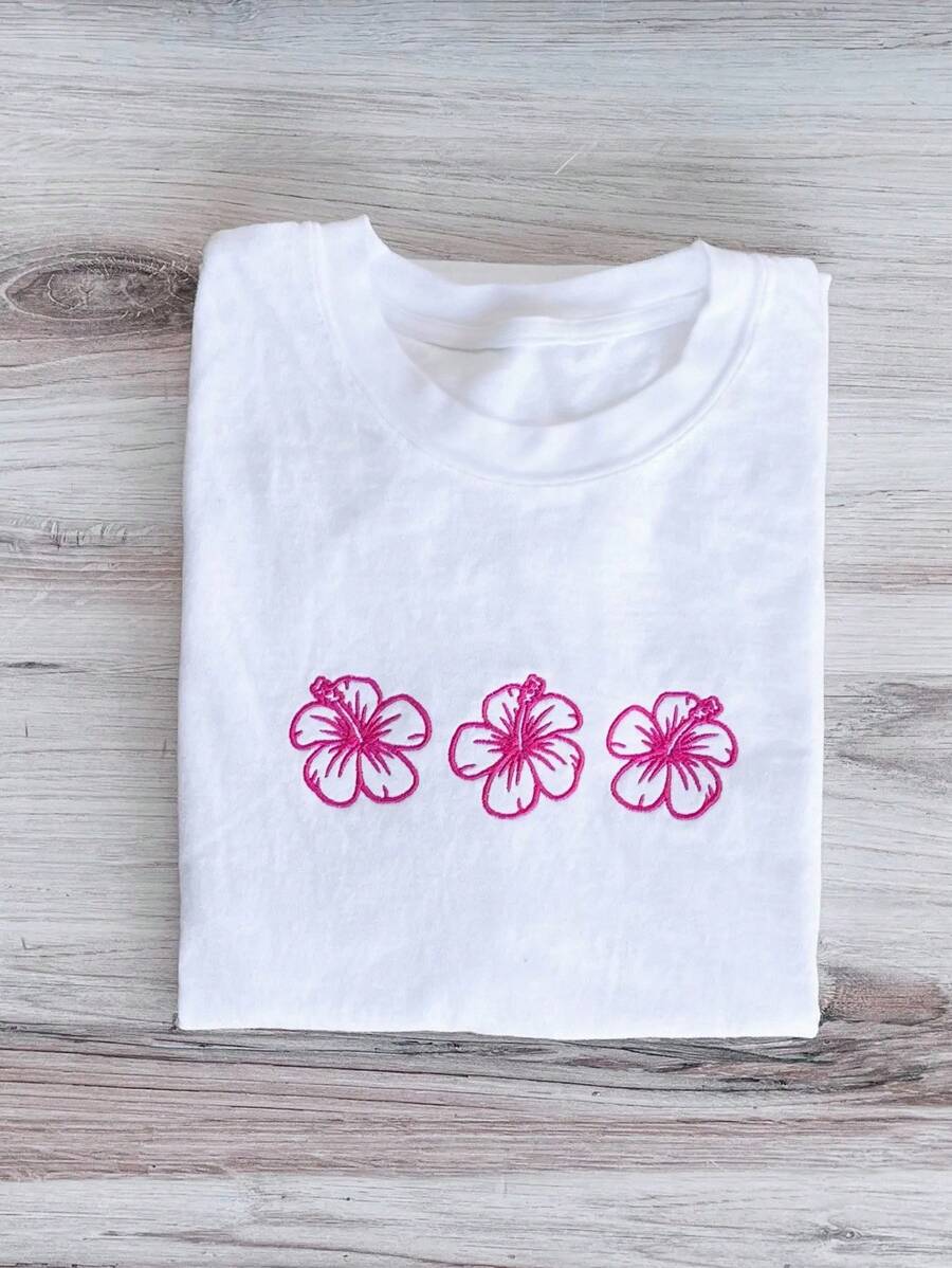 INAWLY Casual Flower Embroidery Short Sleeve T-Shirt, Summer