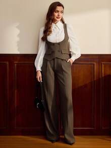 Vintamour 复古经典优雅女士西装外套，修身双排扣卡其色西装外套，马甲西装外套，夏季/秋季 - 卡其色 - 查看 4