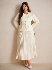 Elaquor Plus Size Women's Elegant Minimalist Versatile Urban Chic Office Commute Suit Set In Fall/Winter - Beige - View 3