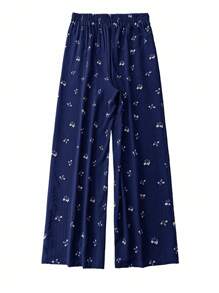 SHEIN Essnce 大码女装春夏时尚休闲宽松舒适清凉日常基础百搭黑色小碎花纹理面料松紧腰阔腿裤女式下装宽松裤欧洲夏季度假机场 - 藏蓝色 - 查看 2