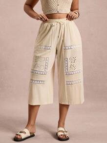 SHEIN VCAY Plus Size Women Contrast Lace Drawstring Waist Wide Leg Capri Pants