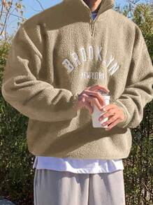 DAZY 男士米色字母刺绣套头卫衣，秋季七分拉链款