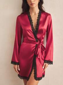 Charlaine 女士蕾丝拼接简约长袖休闲睡袍，Luxeloungewear品牌，秋冬款 - 紅色 - 查看 5