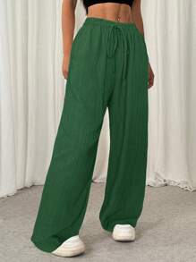 SHEIN EZwear Women's Olive Green Front Tie Casual Pleated Textured Long Pants - Dark Green - View 3
